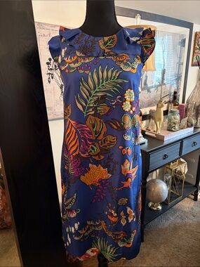 Blue Tropical Print Ruffle-Sleeve Silk Dress